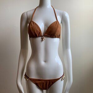 Sauvage California brown beaded seashell triangle top bikini set